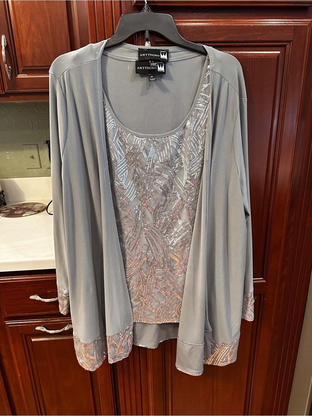 ANTTHONY Silver Gray Embellished Two-Piece Tank & layering cardigan Set